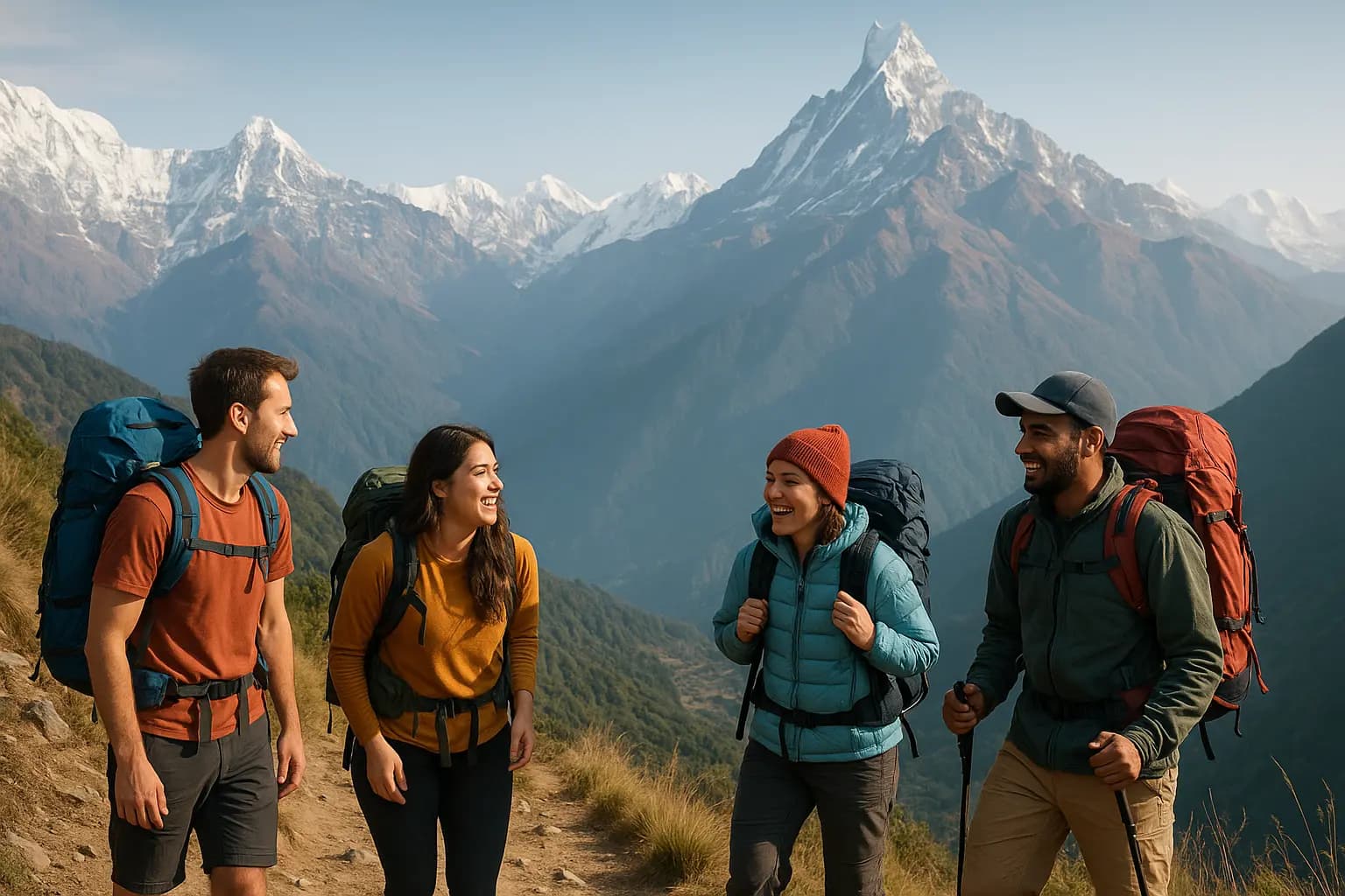 Group of friends hiking in Nepal